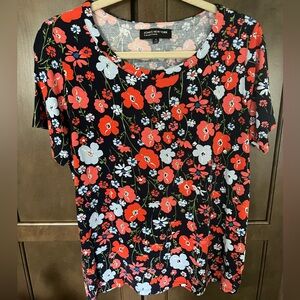 Jones New York Floral Red Pink Blue Stretch Short Sleeve Tee Shirt Blouse XL